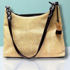 Etienne Aigner Woven Straw Leather Shoulder Bag Braided Strap Sandal Charm